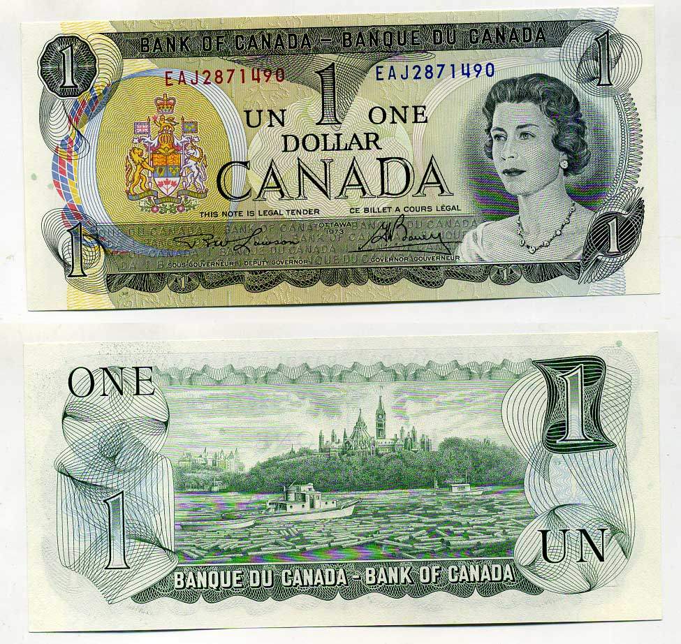 Канада 1 доллар 1973 Елизавета II (1952- ), здание парламента на реке Оттава, Lawson-Bouey, серии 3 буквы, литография Pick 85 b бумага UNC (пресс) 6293-31-2-1