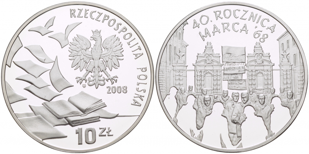 Польша 10 злотых 2008 40 лет студенческого марша 1968 года KM 632 серебро PROOF 1068-6-62