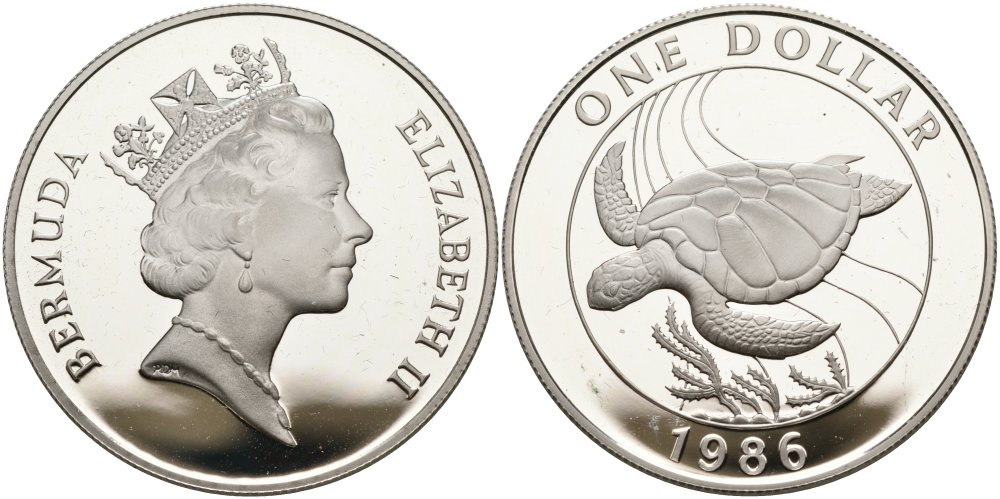 Бермудские острова 1 доллар 1986 серия 25 лет защиты окружающей среды, морская черепаха КМ 49 a серебро PROOF 01-170-23