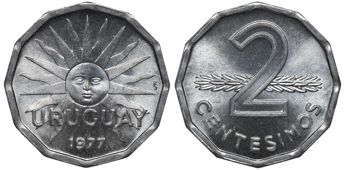 Уругвай 2 сентесимо 1977 KM 72 алюминий UNC M53-11