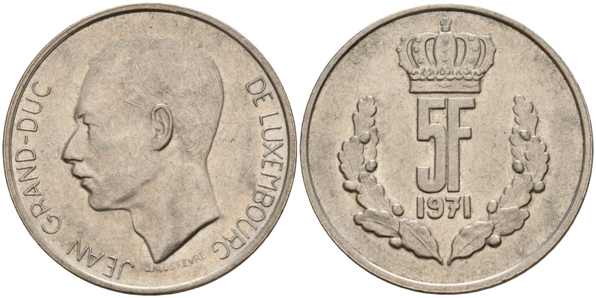 Люксембург 5 франков 1971 Великий герцог Жан (1964-2000) KM 56 медно-никель 4597-1147