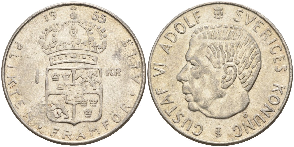 Швеция 1 крона 1955 TS, Густав VI Адольф (1950-1973) KM 826 серебро 4148-1146