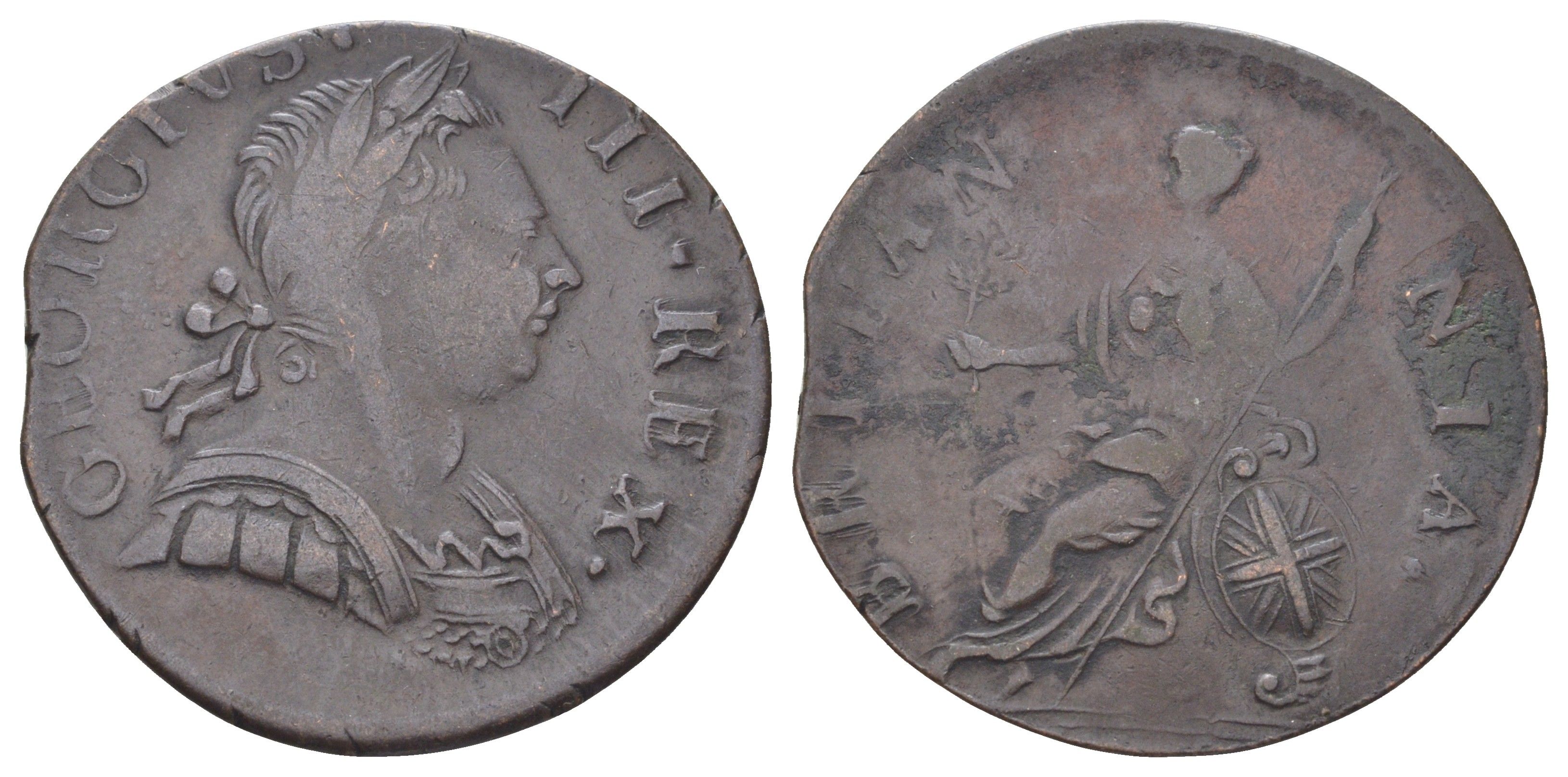 Великобритания 1/2 пенни 1770-1775 Георг III (1760-1820) KM 601, Spink 3774 медь 4707-854