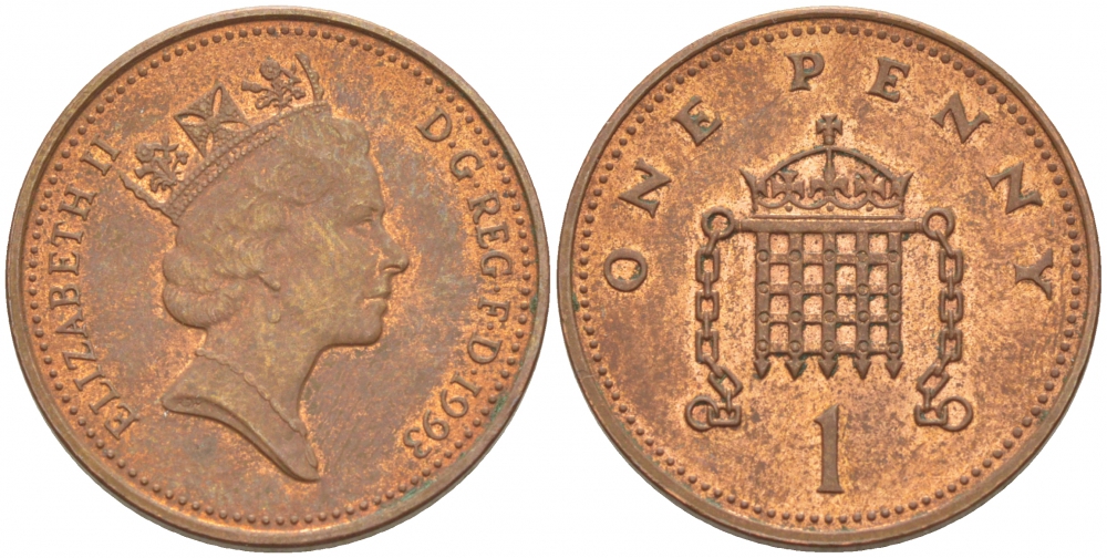 Великобритания 1 пенни 1993 Елизавета II (1952-2022) KM 935a, Spink 4391 (B4) сталь плакированная медью UNC 3955-526