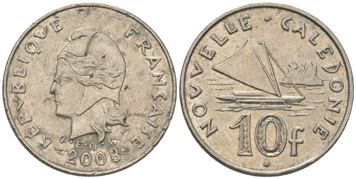 Французская Новая Каледония 10 франков 2008 рыбачья парусная лодка, (IEOM) KM 11a, Schoen 13a, Lec 99k медно-никель 60-225