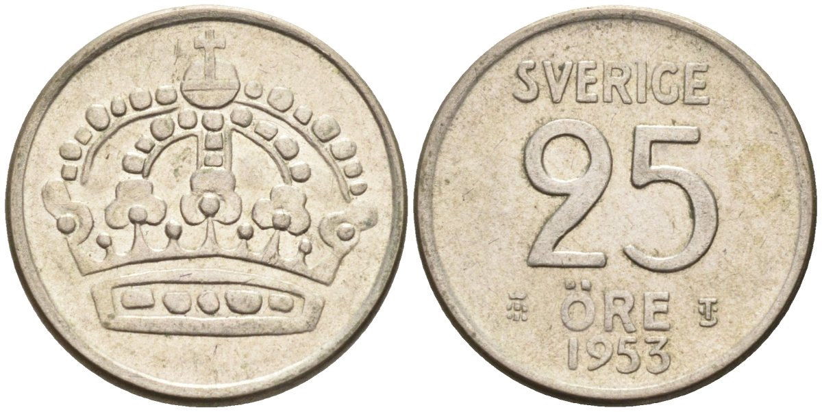 Швеция 25 эре 1953 Густав VI Адольф (1950-1973) KM 824 серебро 4585-447