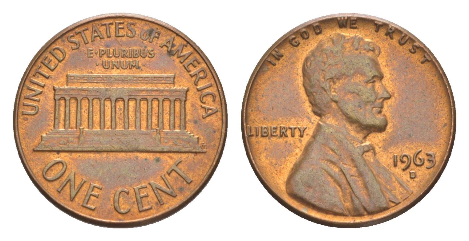 США 1 цент 1963 B, Линкольн KM 201 медь цинк 4618-1011