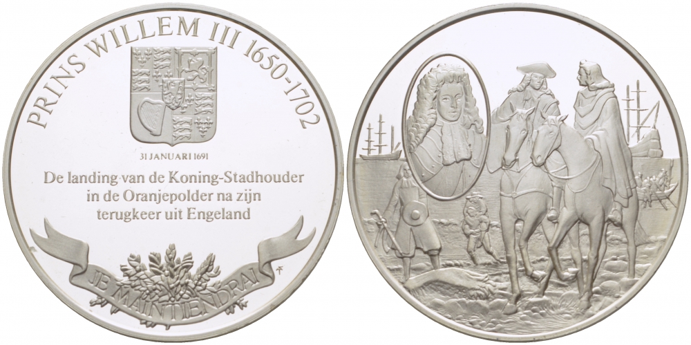Нидерланды медаль ND серия великие правители, принц Вильгельм III Оранский (1650-1702), 36 мм, 17,5 гр  серебро  PROOF  1082-8-21