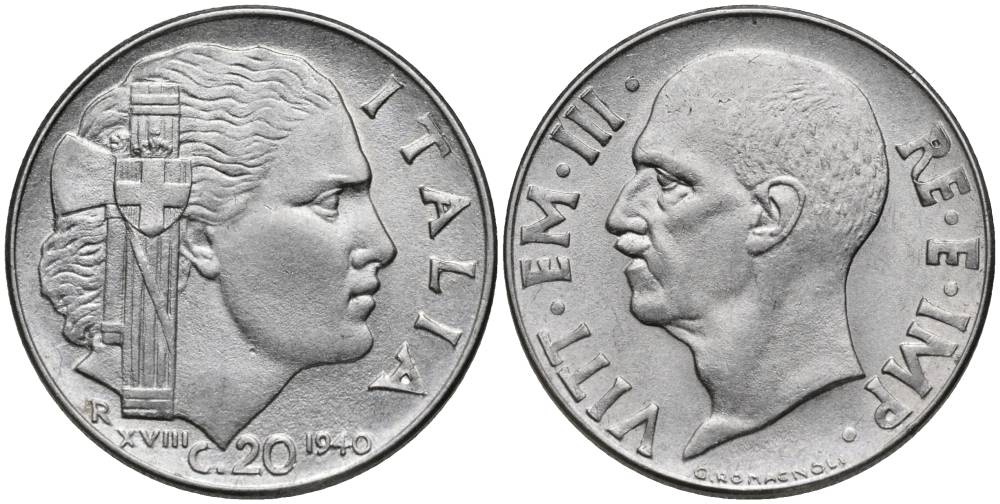 ИТАЛИЯ 20 ЧЕНТЕЗИМО 1940 R, ВИКТОР ЭММАНУИЛ III (1900-1946), РУБЧАТЫЙ ГУРТ, МАГНИТНАЯ, ГОД XVIII KM 75b нержавеющая сталь 4544-1233
