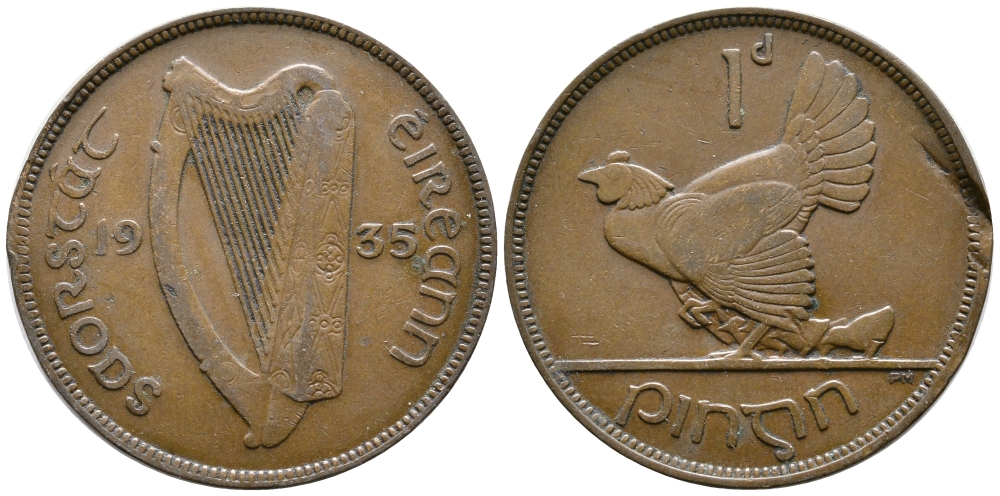 ИРЛАНДИЯ 1 ПЕННИ 1935 КУРИЦА С ЦЫПЛЯТАМИ KM 3 бронза 4110-112