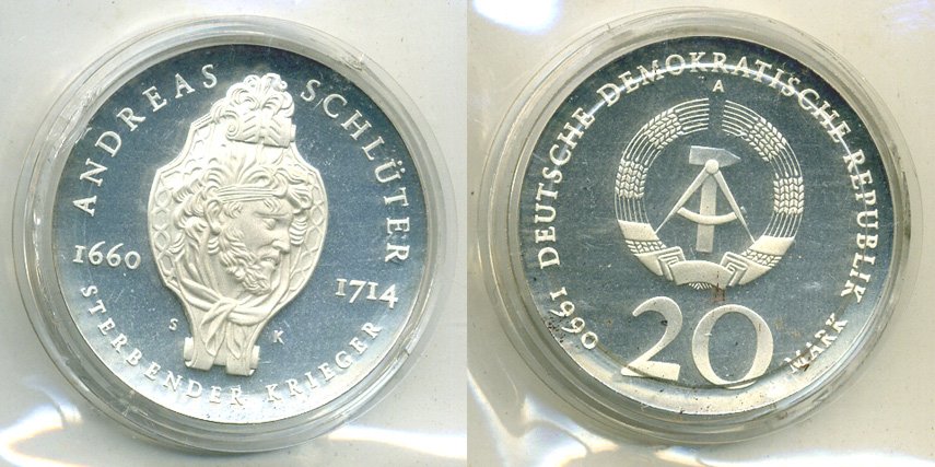 ГДР 20 марок 1990 A, 275 лет со дня рождения Андреаса Шлютера, тираж 3500 экз., в оригинальной запайке KM 138 серебро PROOF 5-3-1-159