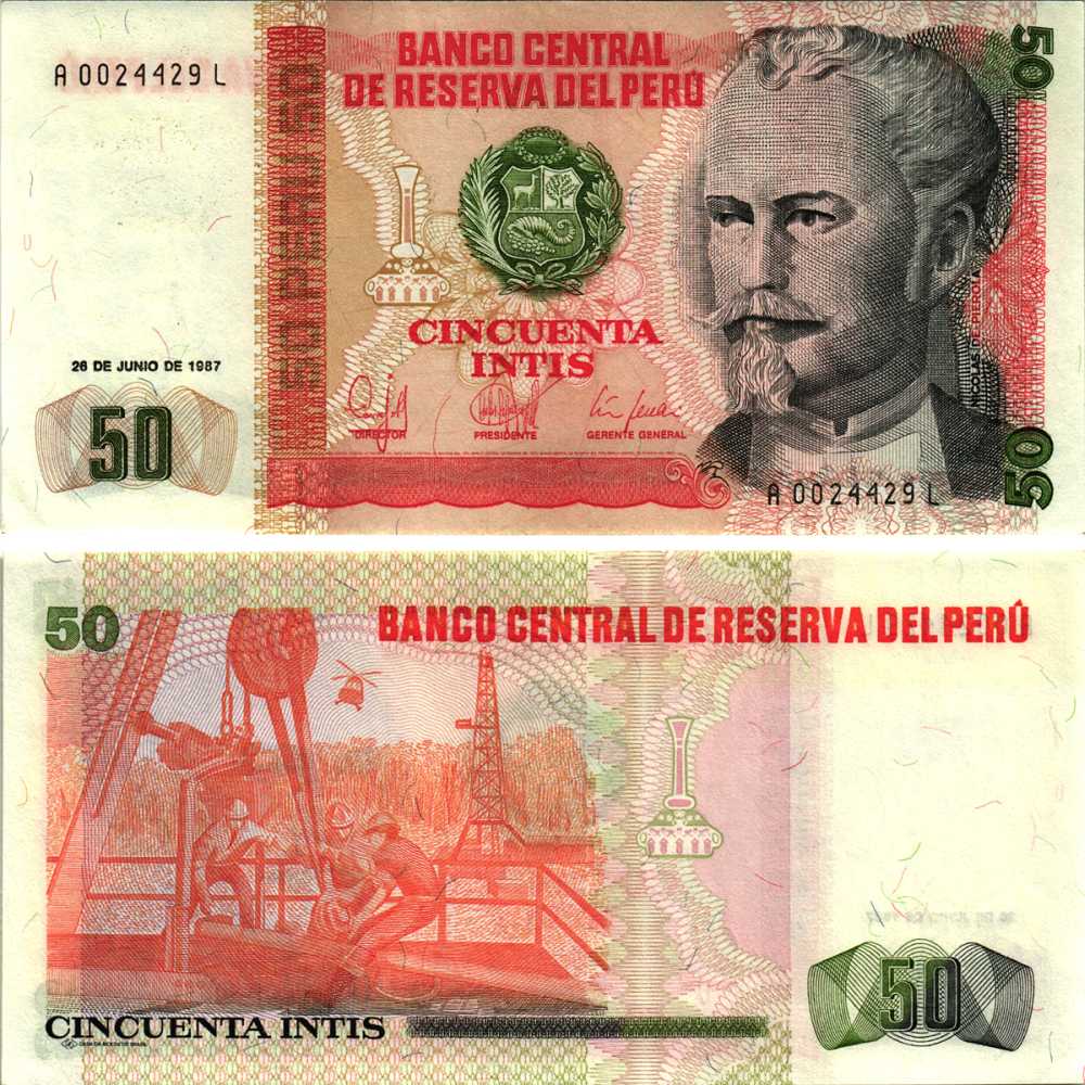 Перу 50 инти 1987 Николас де Пьерола, президент Pick 131 b бумага аUNC 8608-24-3