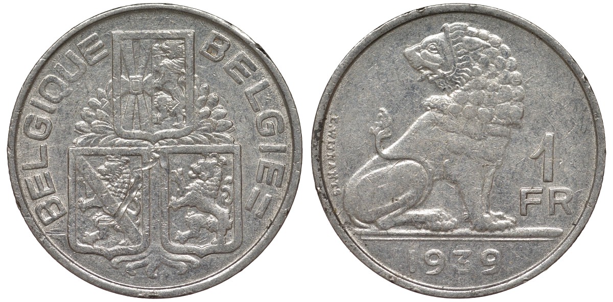 Бельгия 1 франк 1939 Леопольд III (1934-1950), Belgique-Belgie, лев KM 119 никель 4163-243