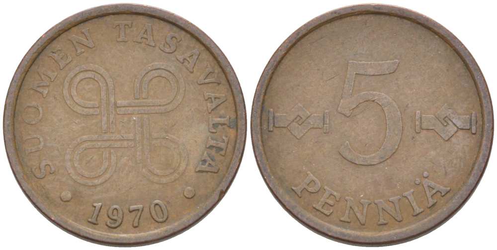 Финляндия 5 пенни 1970 KM 45 медь 218-1269