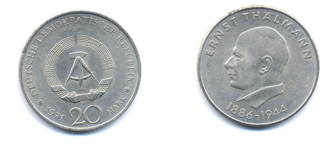 ГДР 20 марок 1971 A, 85 лет со дня рождения Эрнста Тельмана KM 34, J. 1535 медно-никель 3333-534