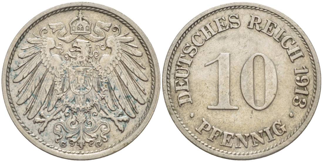 Германия 10 пфеннигов 1913 G KM 12, Jager 13, Weege 8 медно-никель 219-236