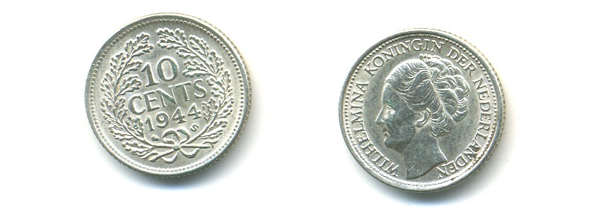 Нидерланды 10 центов 1944 S, Вильгельмина I (1890-1948) KM 163 серебро 84-942