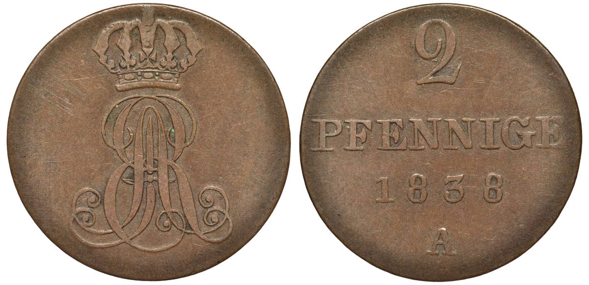 Ганновер 2 пфеннига 1838 A, Эрнст Август (1837-1851) KM 174.1, AKS 122, J. 55 медь 75-715