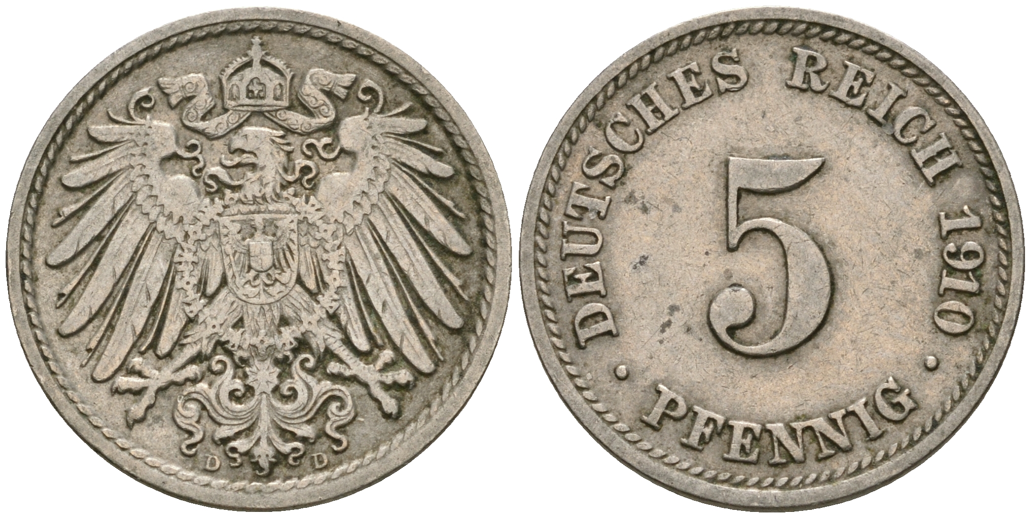 Германия 5 пфеннигов 1910 D, KM 11, J. 12 медно-никель 4608-941