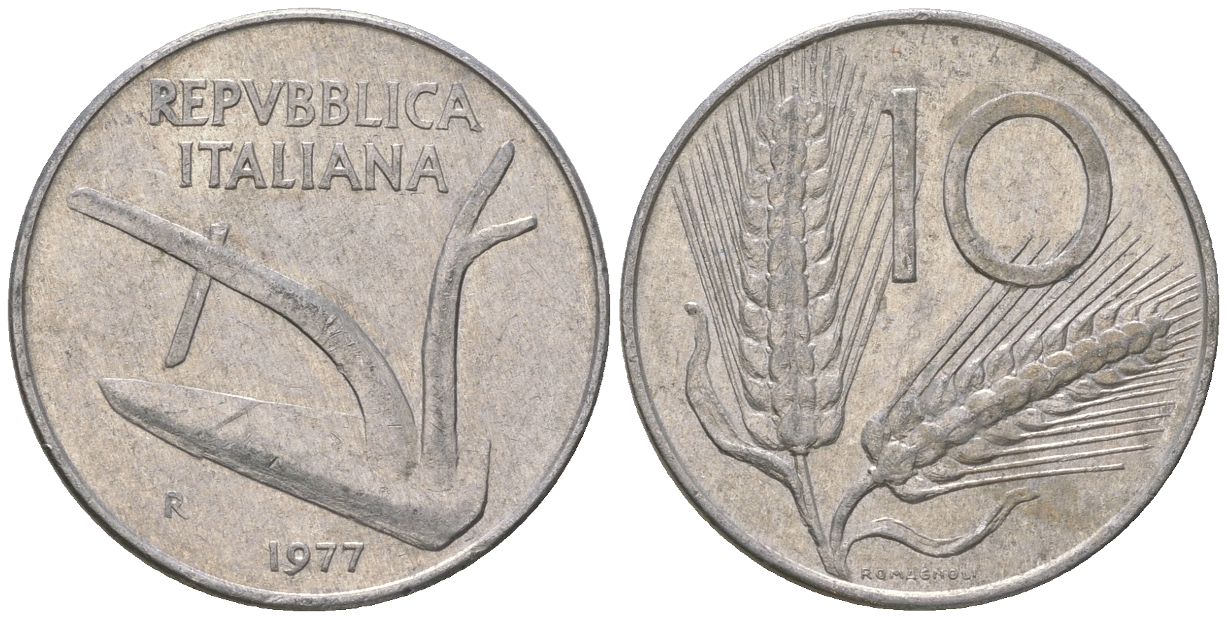 Италия 10 лир 1977 R, колосья, плуг KM 93 алюминий 4589-956