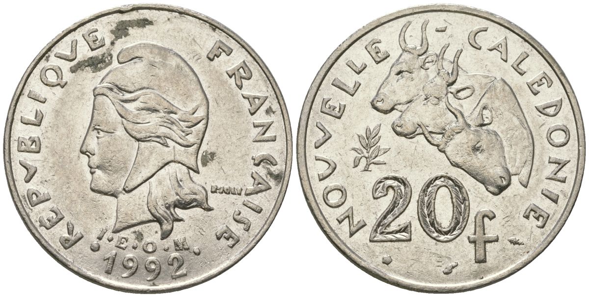 Французская Новая Каледония 20 франков 1992 три быка, (IEOM) KM 12, Schoen 14, Lec 115 никель 81-242