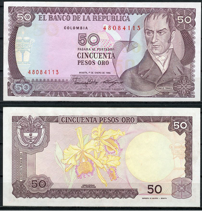 Колумбия 50 песо 1986 Камило Торрес Тенорио, орхидеи  Pick 425 b  бумага  UNC (пресс) 447-74-1-3