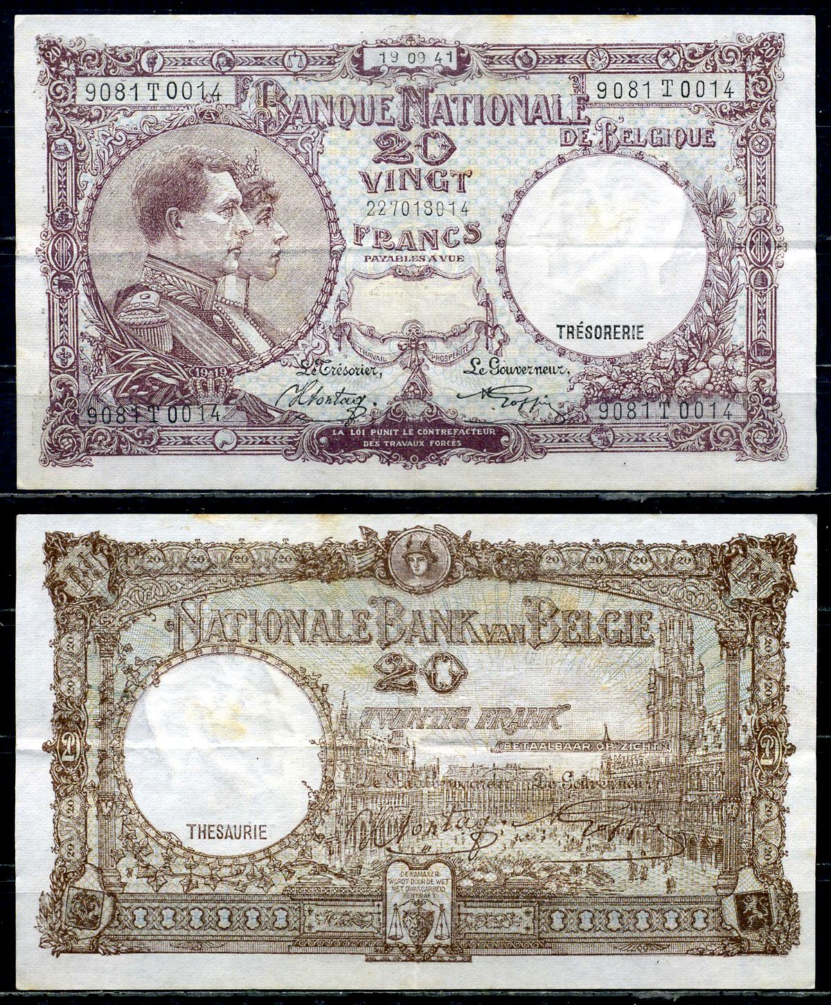 Бельгия 20 франков 1941 19.09.1941, Король Альберт I и его жена Королева Елизавета, Гран-Плас / Гроте Маркт, Брюссель Pick 111 (2) бумага 6301-31-2-1