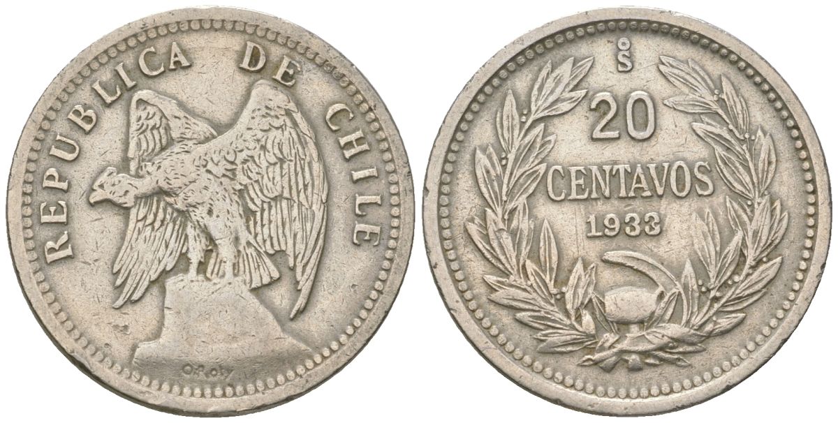Чили 20 сентаво 1933 KM 167 медно-никель 4513-1113