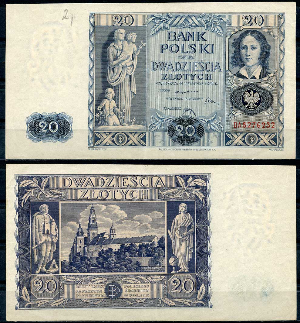 Польша 20 злотых 1936 Эмилия Плятер, королевский замок в Вавеле, Краков Pick 77 a бумага 8607-62-1-2
