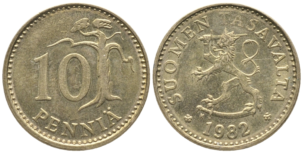ФИНЛЯНДИЯ 10 ПЕННИ 1982 К KM 46 алюминиевая бронза 100-967