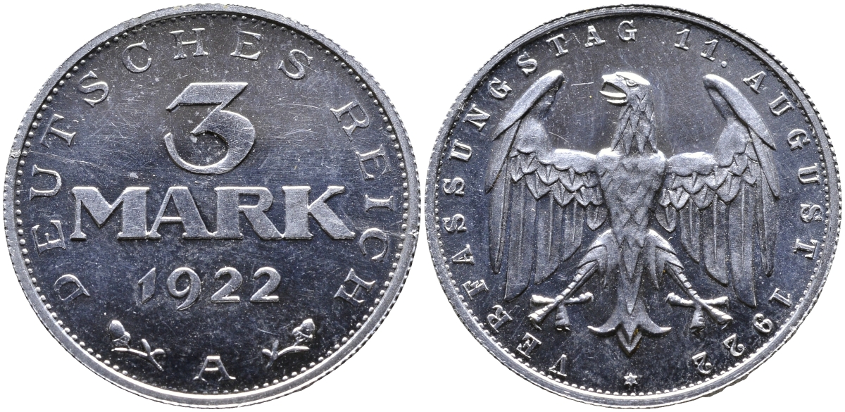 Германия 3 марки 1922 A, третья годовщина Веймарской Конституции KM 29, J. 303 алюминий PROOF 1515-145