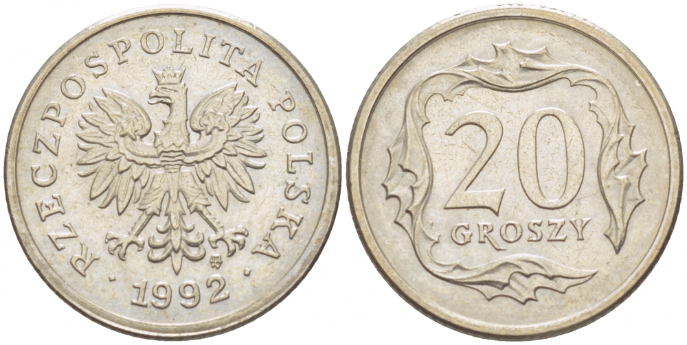 ПОЛЬША 20 ГРОШЕЙ 1992 MW KM 280 медно-никель UNC 112-818
