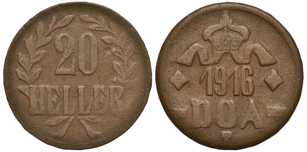 Немецкая Восточная Африка (Танзания) 20 геллеров 1916 T, Ost-Africa, малая корона, буквы LL острые, R Jaeger 727 a, KM 15, WK 27 b медь 5010-534
