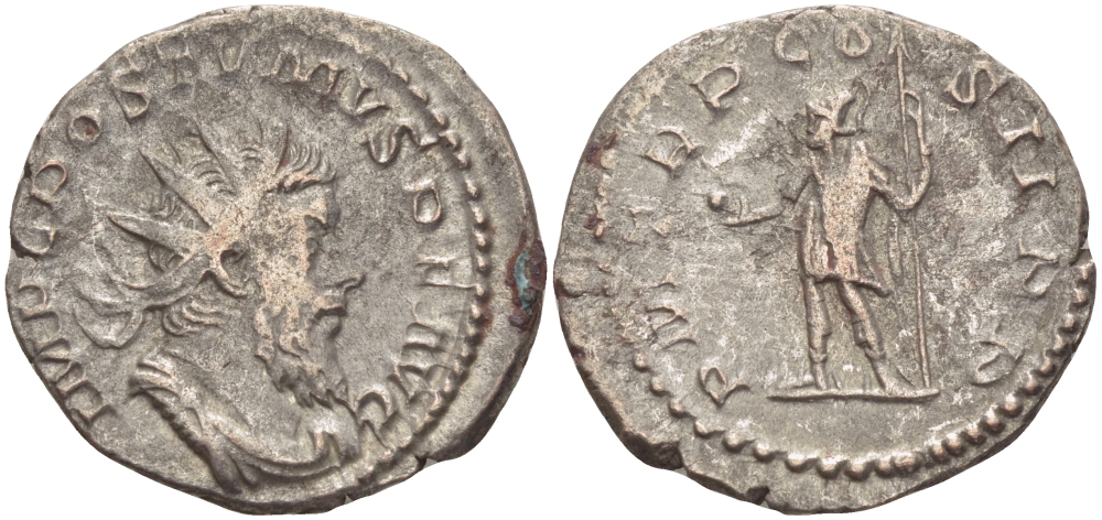 Римская Империя (императоры в Галлии) антониниан 261 Постум. IMP C POSTVMVS P F AVG / P M TR P COS II P P, император в военном доспехе, держит копье и сферу, Августа Треверов, Good Very fine RIC 54 биллон 1073-12-46
