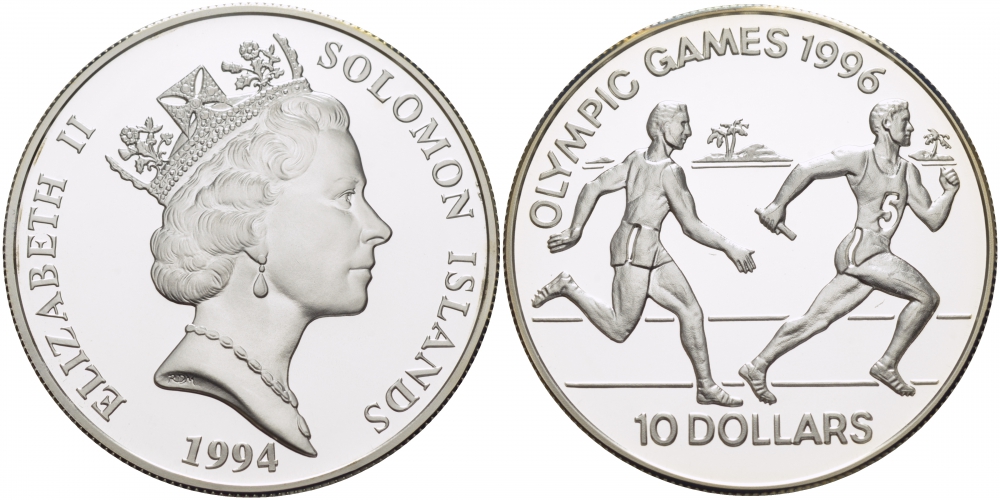 Соломоновы острова 10 долларов 1994 XXVI Олимпийские игры 1996 года в Атланте, бег, эстафета KM 53 серебро PROOF 04-313-21