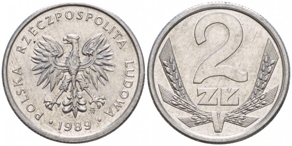 Польша 2 злотых 1989 MW, Народная Республика KM 80.3, Parchimowicz 219a алюминий 4547-1134
