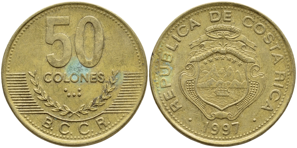 Коста-Рика 50 колонов 1997 B.C.C.R., год тип KM 231 латунь 3459-141