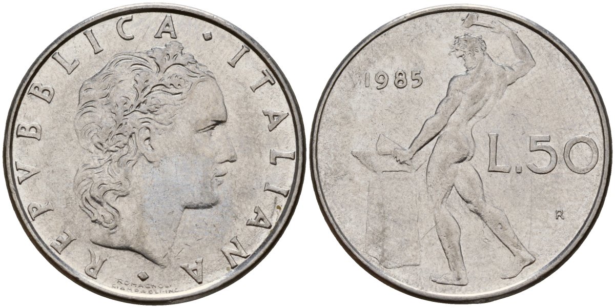 Италия 50 лир 1985 R, бог Вулкан у наковальни KM 95.1 нержавеющая сталь 4156-745