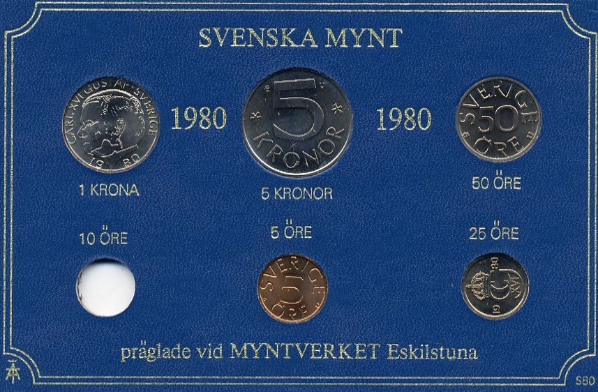 Швеция 5, 25, 50 эре и 1, 5 крон 1980 в картоне набора монетного двора, Карл XVI Густав (1973- ) UNC 7-5-7-277