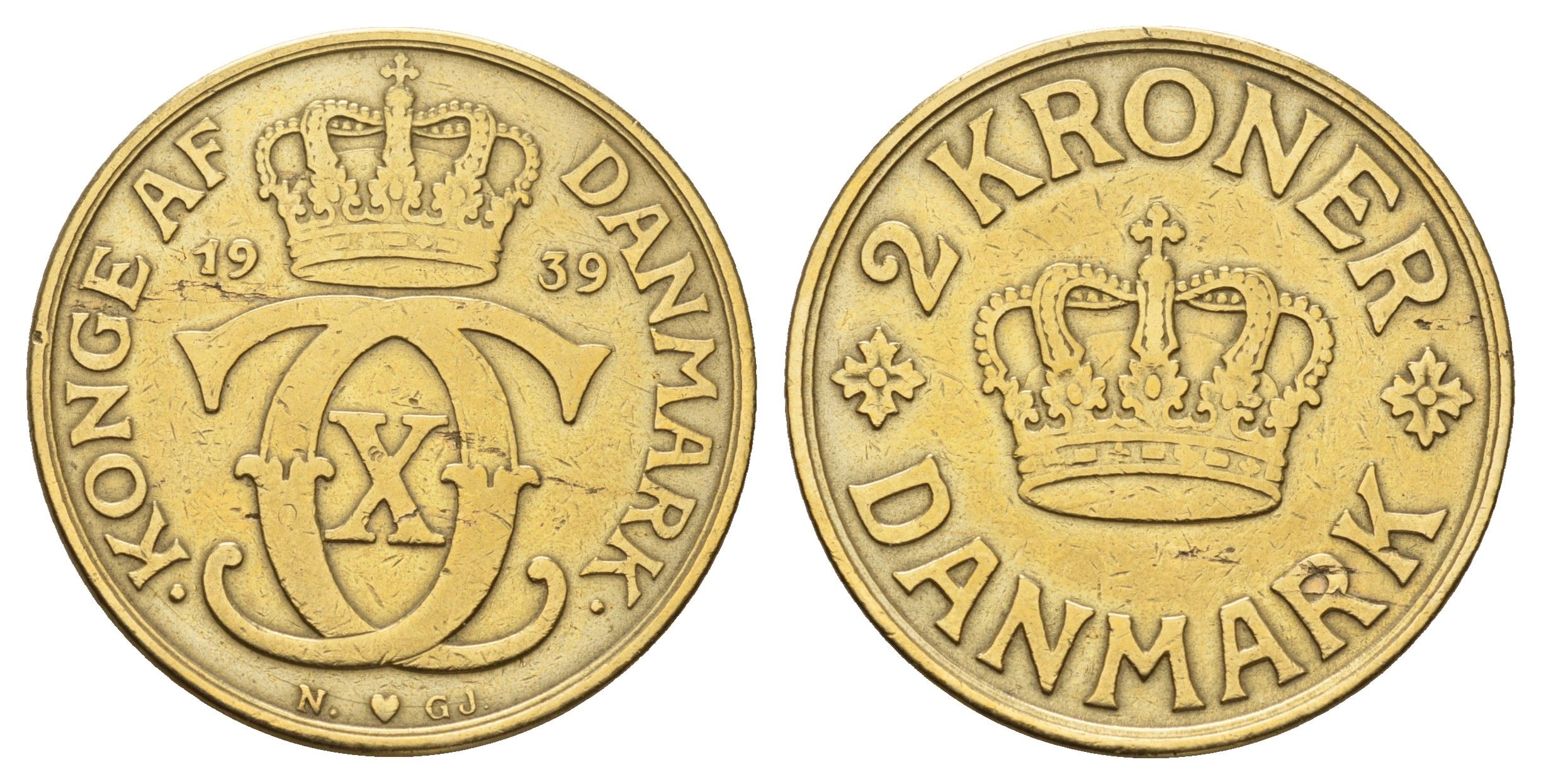 Дания 2 кроны 1939 N; GJ, Кристиан X (1912-1947) KM 825 алюминиевая бронза 82-313