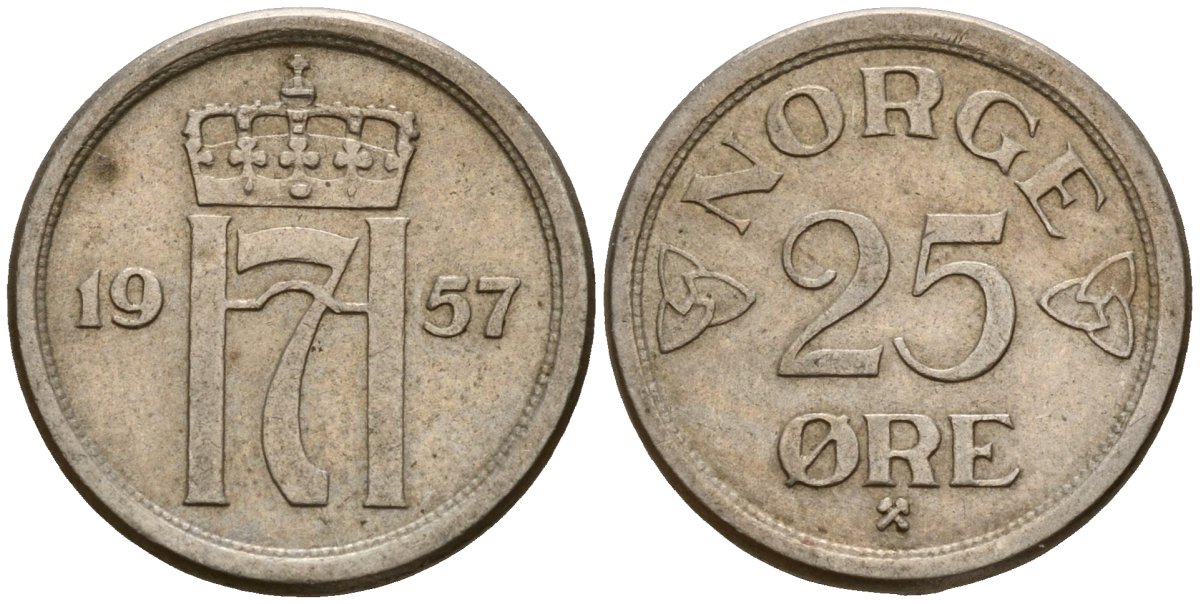 Норвегия 25 эре 1957 Улаф V (1958 - 1991) KM 401 медно-никель 4154-769