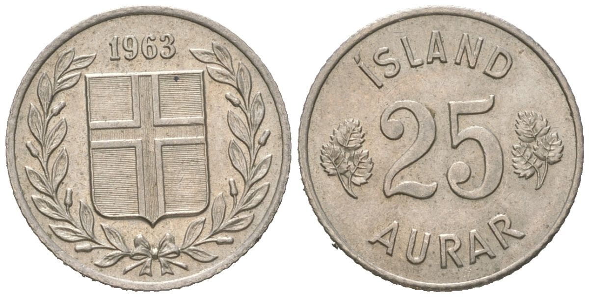 Исландия 25 эйре 1963 KM 11 медно-никель 4169-748