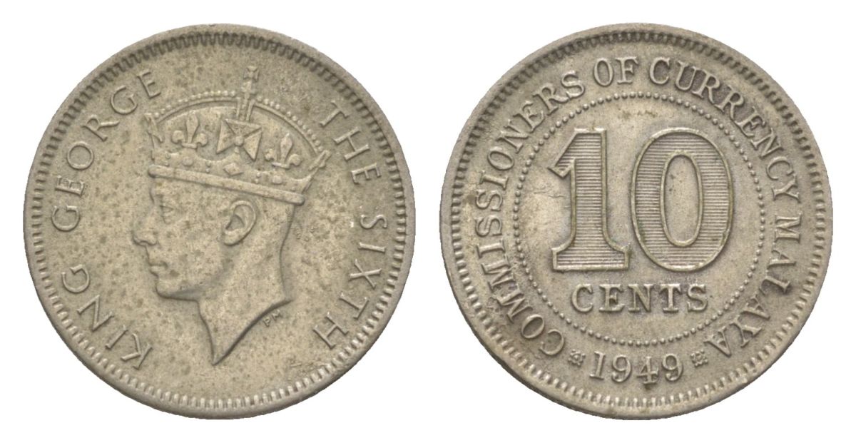 Британская Малайя 10 центов 1949 Георг VI (1936-1952) KM 8 медно-никель 4623-531