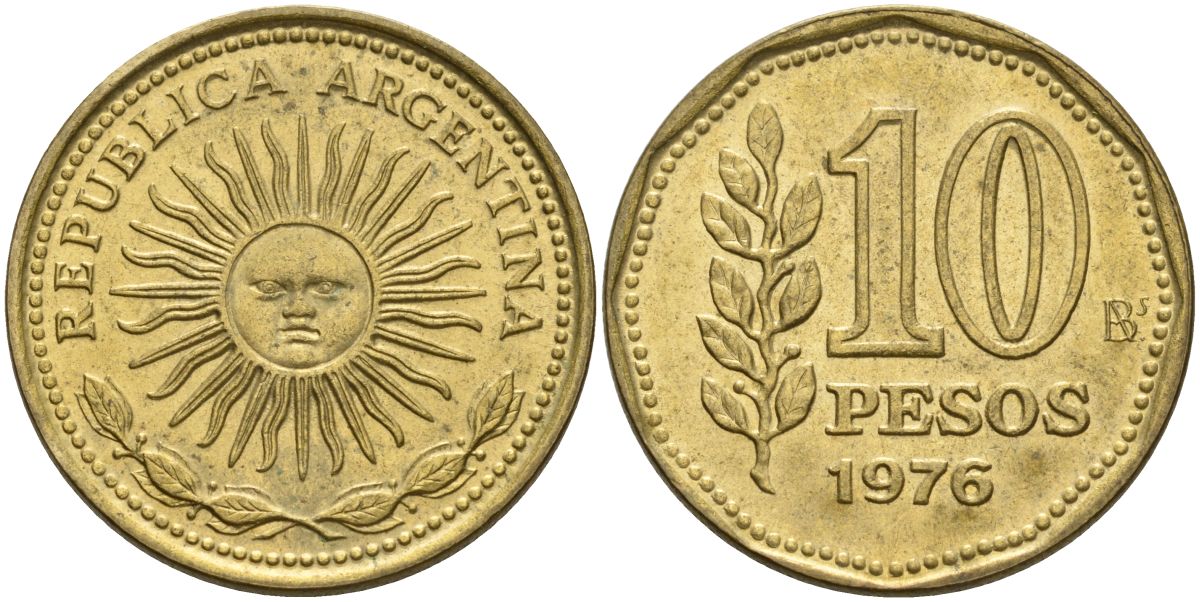 Аргентина 10 песо 1976 Ba, майское солнце KM 72 алюминиевая бронза 4606-255