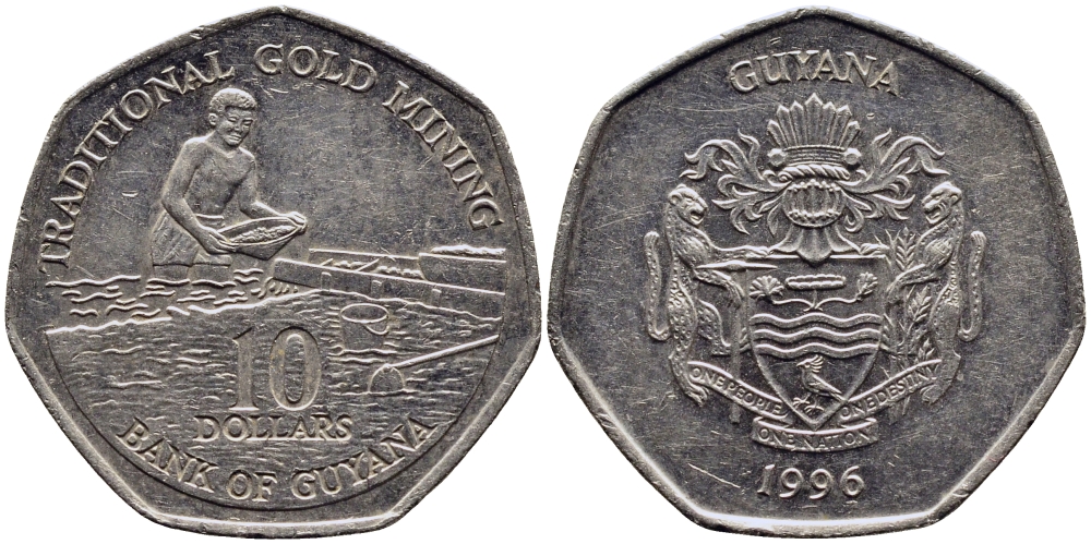 ГАЙАНА 10 ДОЛЛАРОВ 1996 ЗОЛОТОДОБЫТЧИК KM 52 сталь плакированная никелем 62-641