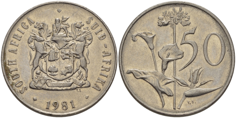 ЮАР 50 центов 1981 Зантедеския Эллиота (калла), герб KM 87 никель 32-1134