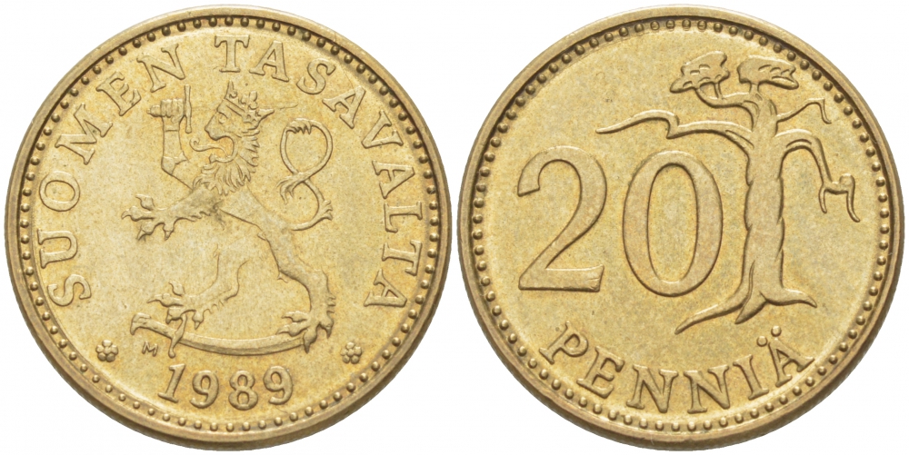 ФИНЛЯНДИЯ 20 ПЕННИ 1989 M KM 47 алюминиевая бронза 3457-841