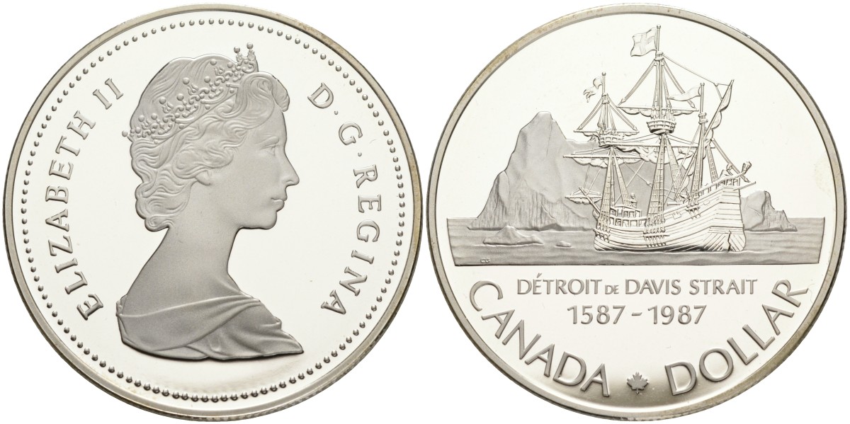 Канада 1 доллар 1987 400 лет открытию пролива Дейвиса KM 154 серебро PROOF 01-172-31