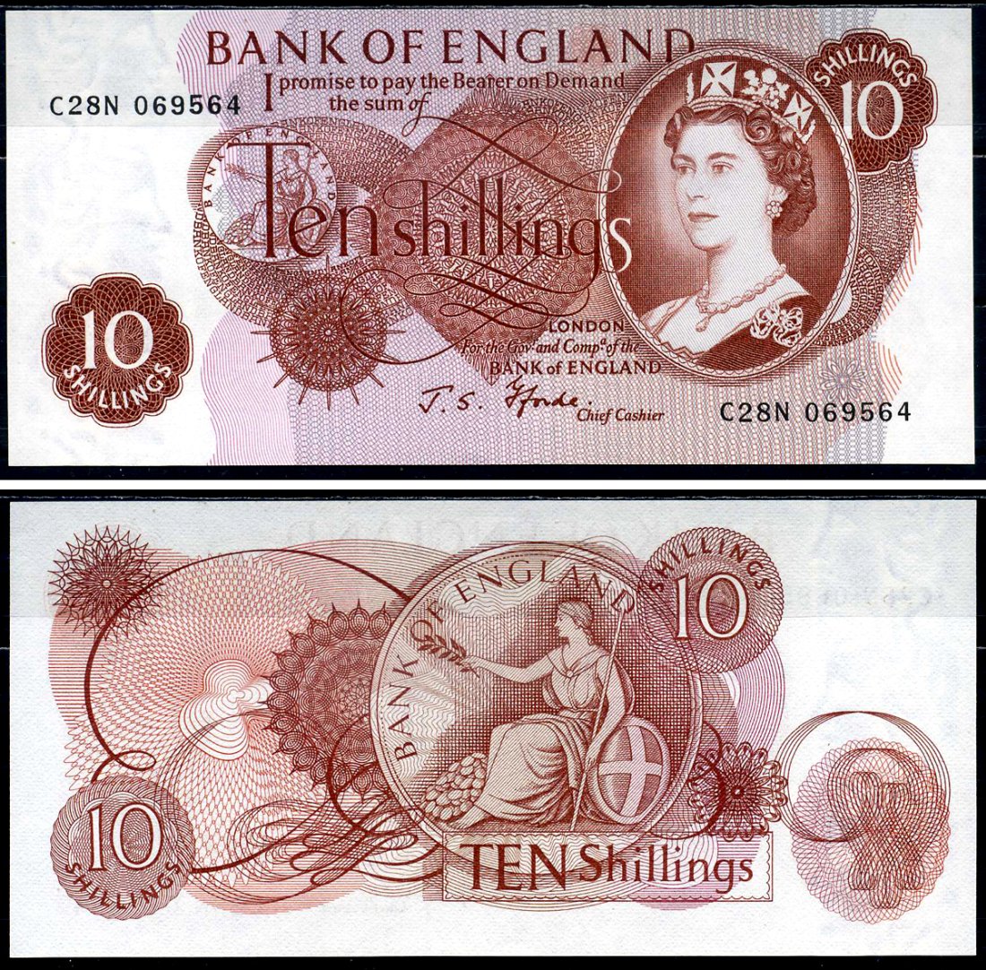 Англия 10 шиллингов ND (1960-1970) Банк Англии, серия C28N Pick 373c бумага UNC (пресс) 450-104-2
