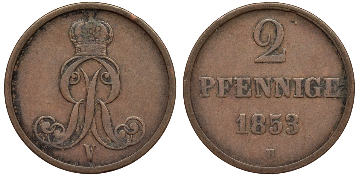 Брауншвейг-Каленберг-Ганновер 2 пфеннига 1853 B, Георг V (1851-1866) KM 217,aKS 152, J. 84 медь 4142-242